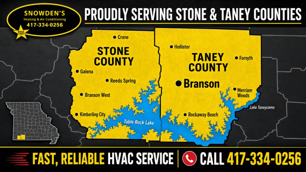 Snowden Heating and Air service area map for Stone and Taney counties